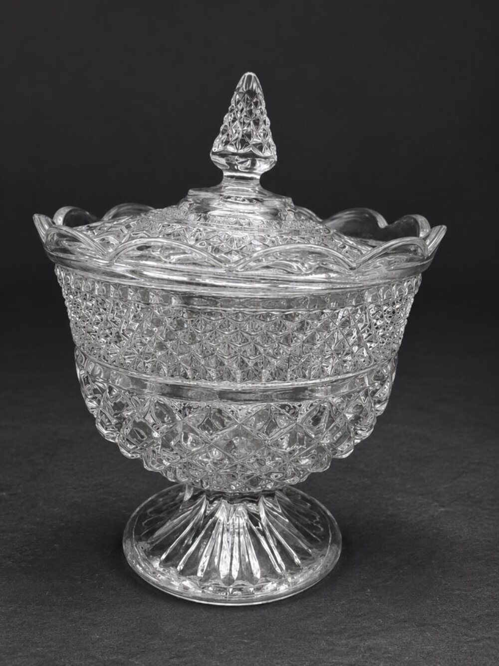 Vintage Clear Pressed Glass Lidded Pedestal Candy Dish Compote Diamond 10"